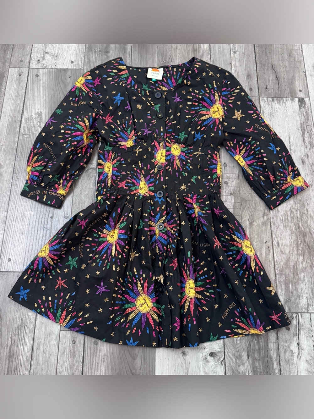 Farm Rio Black Rainbow Suns Mini Dress Black Graphic Print Button Down XS
